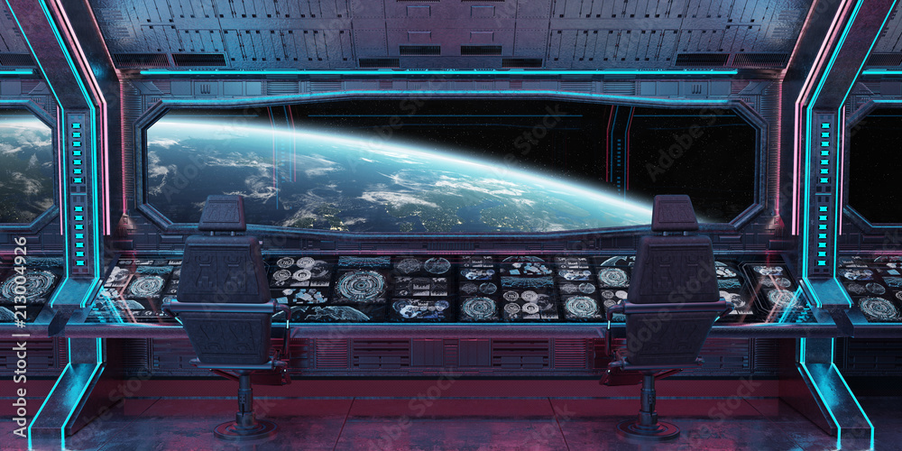 Poster Grunge Spaceship interior with view on planet Earth 3D rendering