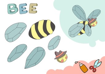 Funny Bee Paper Model. Small home craft project, applique paper game. Cut out and glue. Cutouts for children. Vector template.