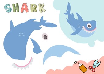 Funny Shark Paper Model. Small home craft project, applique paper game. Cut out and glue. Cutouts for children. Vector template.