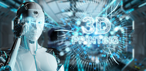 Robot white woman using 3D printing digital hologram 3D rendering - obrazy, fototapety, plakaty