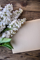 White lilac and a sheet of paper on a wooden background