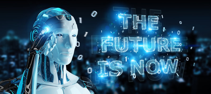 White cyborg using future decision text interface 3D rendering