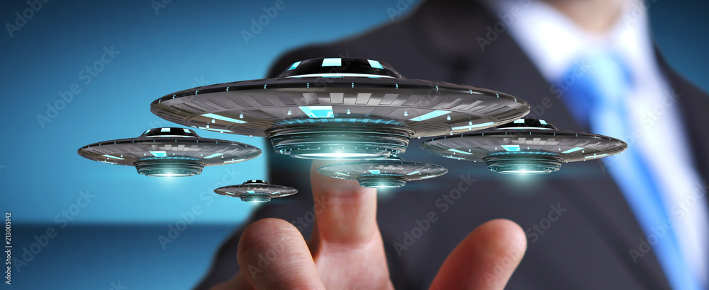 Poster businessman with retro ufo spaceship 3d rendering