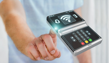 Businessman using contactless terminal payment 3D rendering