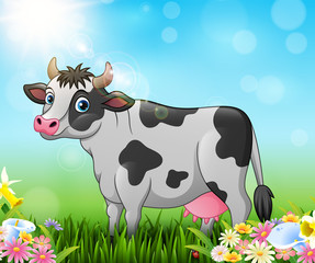 Cartoon cow with nature background