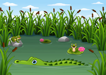 Fototapeta premium Cartoon alligator and Frogs in the pond