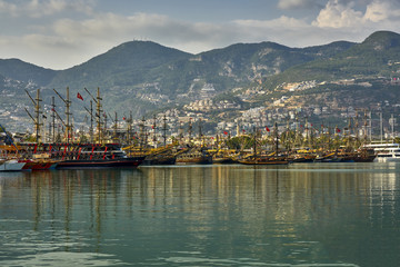 Obraz premium Retro tourist ships in the port of Alanya, Turkey