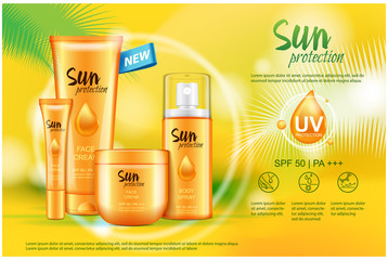 Sun care cream tube, bottle, spray. Sun protection cosmetic products. Vector 3D illustration mock up