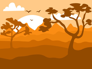 Safari cartoon background, desert savanna panorama and landscape with trees, hills and sun. Safary layered panoramic background, savannah landscape, African sunset design.