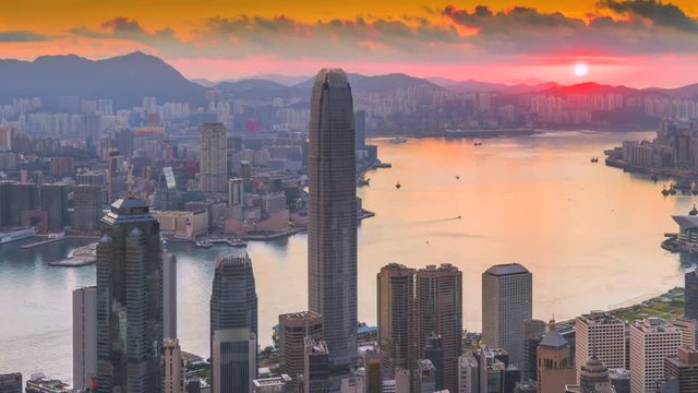 4k timel;aspe day to night sunrise scene of hongkong cityscape view from victoria peak, hongkong