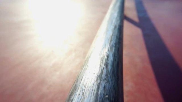 Iron rail at the skate park. Action movie.