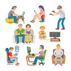 Gamer vector man or woman with child character playing with virtual reality glasses illustration set of people gaming in virtually game isolated on white background