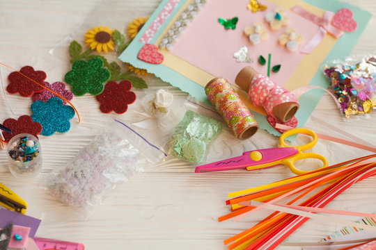 scrapbook background. Card and tools with decoration