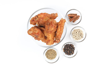 Deep Fried Chicken Wings Drumstick Nuggets Popcorns on white background