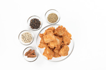 Deep Fried Chicken Wings Drumstick Nuggets Popcorns on white background