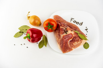 Tomatoes, peppers, meat, Bay leaves, red pepper.
