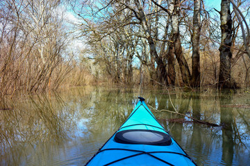 View from the bow of blue kayak on flooded trees during the spring high water on the Danube river. Kayaking in a wild forest among flooded trees.