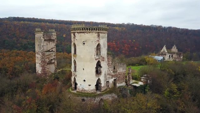 A bird's-eye view of the ruins of the Chervonohorod Castle and the ruined church. Ukraine