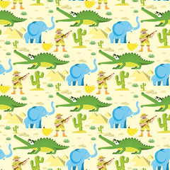 Seamless animal pattern wildlife reptile background with circus elephant crocodile characters vector illustration