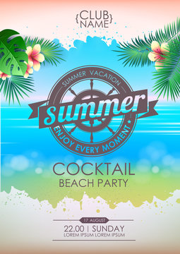 Summer disco poster cocktail beach party. Lettering poster summer vacation, enjoy enery moment