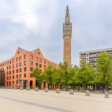 View at the City hall of Lille with belfry tower - France