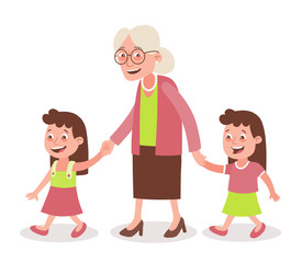 Grandmother with her grandchildren walking. Two girls, twins. She takes them by the hand. Cartoon style, isolated on white background. Vector illustration.