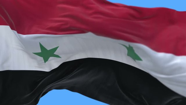 4k seamless Close up of Syria flag slow waving with visible wrinkles.A fully digital rendering,The animation loops at 20 seconds.flag 3D animation with alpha channel included.