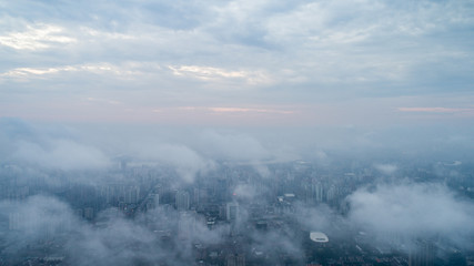 Aerial View of Shanghai city in the morning fog