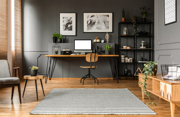 Grey living room with workspace