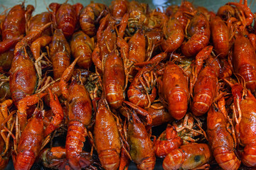 River crayfish on the counter of the Chinese market.