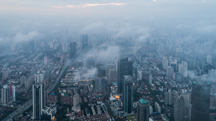 Fototapeta na wymiar Aerial View of Shanghai city in the morning fog