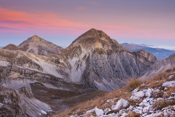 Gran Sasso and Monti della Laga National Park at sunrise, Campo Imperatore, Abruzzo, Italy, Europe