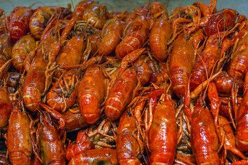 River crayfish on the counter of the Chinese market.