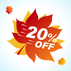 Bright banner for autumn sale. Discount 20 off on background red leaf. Sale Red Tag Isolated Vector Illustration. Discount Offer Price Label.