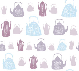 Vector seamless pattern with vintage kettles and teapots.