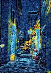 View at vintage night Italian street. Old architecture of Italy. Big size oil painting fine art in Vincent Van Gogh style. Modern impressionism drawn. Creative artistic print for poster or postcard.