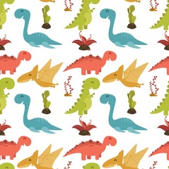 Cute seamless pattern with cartoon colorful dinosaurs
