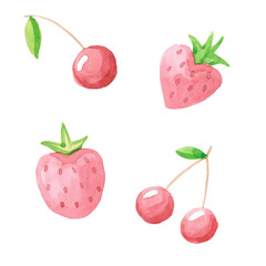 A set of cherries and strawberries isolated on white background. Watercolor illustration.