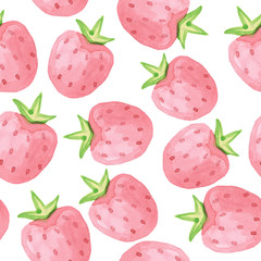 Seamless background with a pink strawberry isolated on a white background. Watercolor illustration.