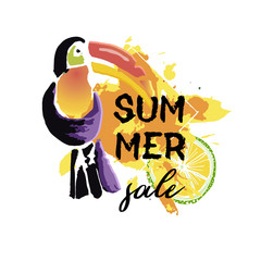 Text Summer  sale, discount banners.Tropical Toucan bird with grunge elements, ink drops, abstract background. Wild exotic animal. Vector illustration
