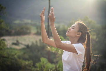 Human hands open palm up worship. Christian concept background. fighting and victory for god.