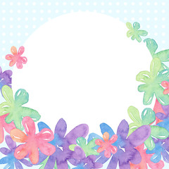 Round white frame with flowers on a blue background in polka dots. Watercolor illustration.