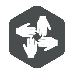 Icono plano cuatro manos en hexagono gris