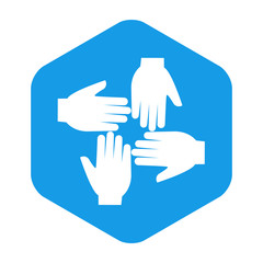 Icono plano cuatro manos en hexagono azul