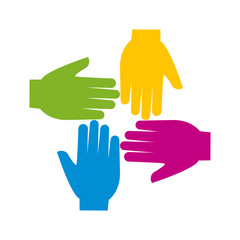 Icono plano cuatro manos varios colores en fondo blanco