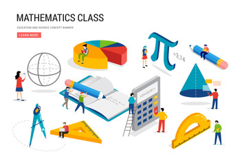 Math lab and school class. Science, education, mathematics scene with miniature people, students. Isometric concept design