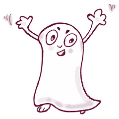 Funny ghost cartoon character with hands up for Halloween prints, posters, design, logos, emblem, shop, greetings cards