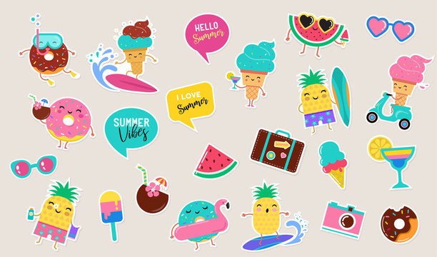 Sweet summer - cute ice cream, watermelon and donuts sticker illustrations, vector design