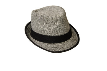 Gray hat, with a dark fringing, on a white, isolated background.