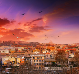 Sunset at the Garden of oranges in Rome. View over the city